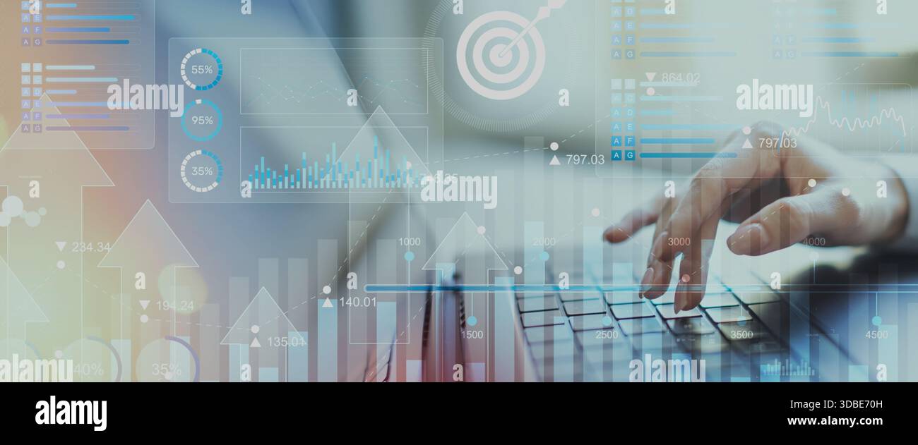Business Data Analytics and KPI Performance Tracking Dashboard on Digital Tablet Interface. Stock Photo
