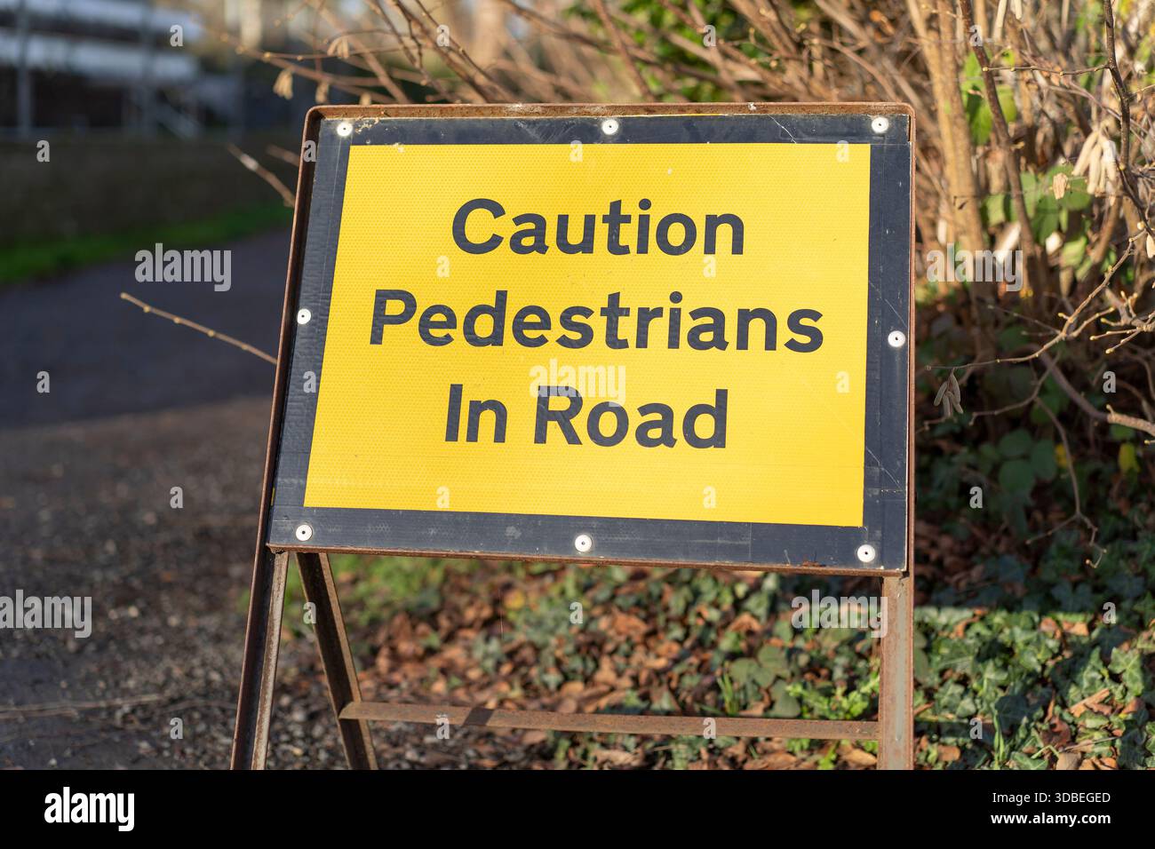 Yellow warning sign advising drivers: 'Caution, Pedestrians In Road' in ...