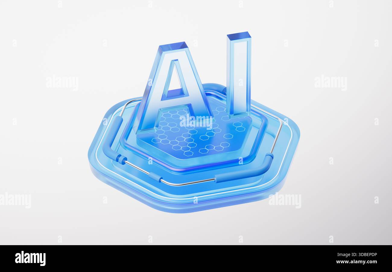 Hexagonal glass stage with AI concept, 3d rendering. 3D illustration. Stock Photo