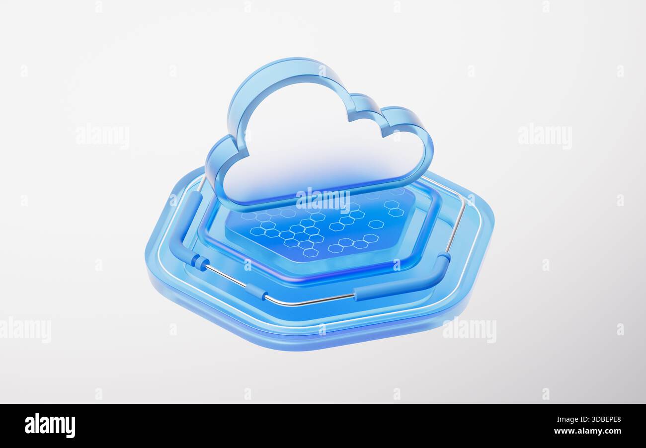 Hexagonal glass stage with cloud computing concept, 3d rendering. 3D illustration. Stock Photo
