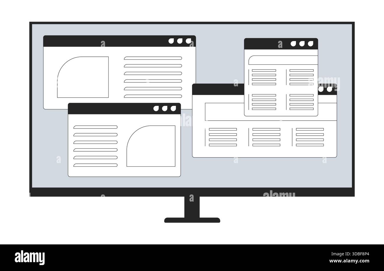 Multiple UI windows on computer monitor display 2D line object Stock ...