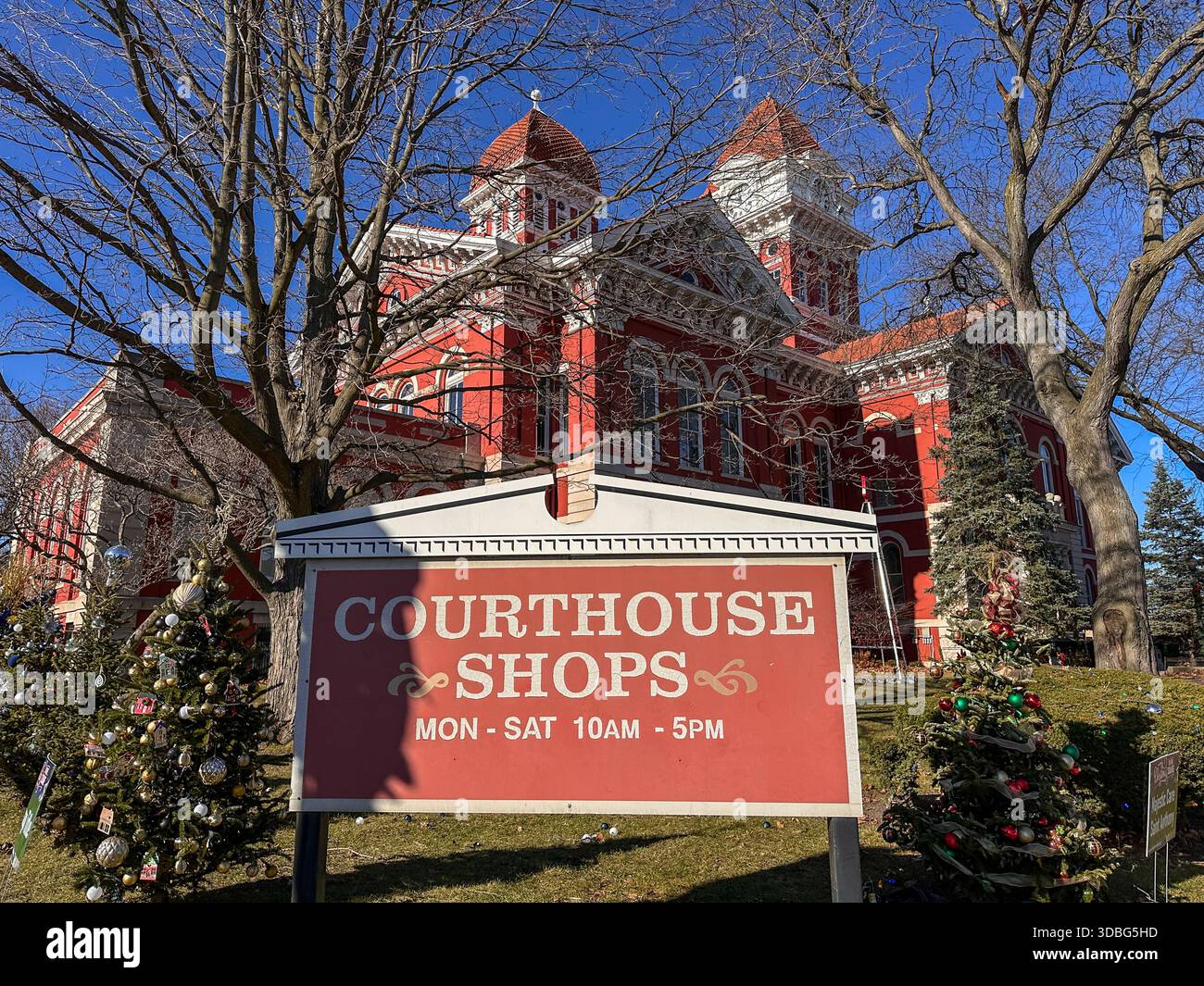Sign for the Courthouse Shops at the Crown Point Courthouse. Crown Point, IN USA November 28, 2025 - Smartphone Captured Stock Image