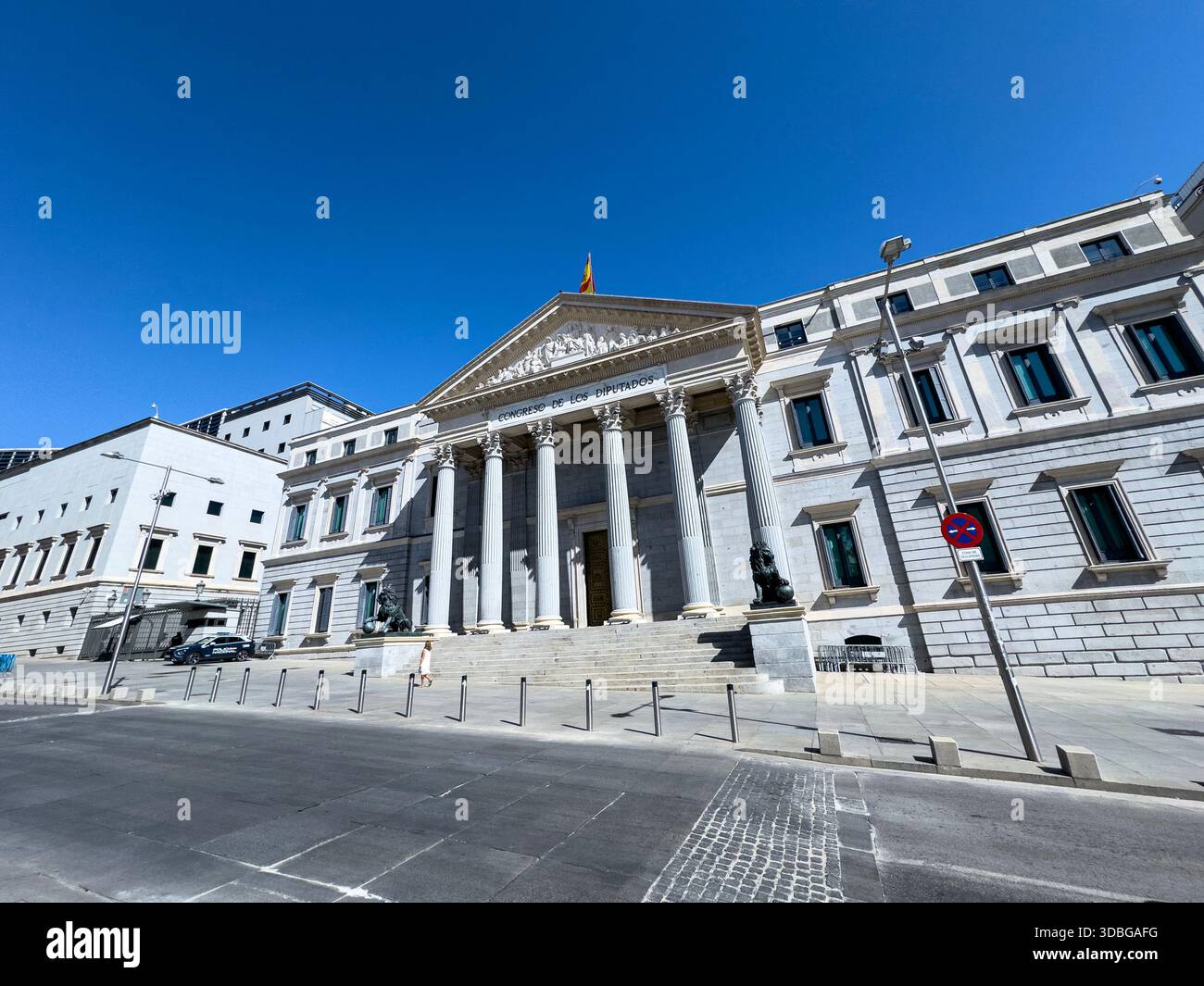 Congreso de los Diputados building, Spanish Cortes, large portico with six Corinthian columns, supporting a triangular pediment, Madrid, Spain - Smartphone Captured Stock Image