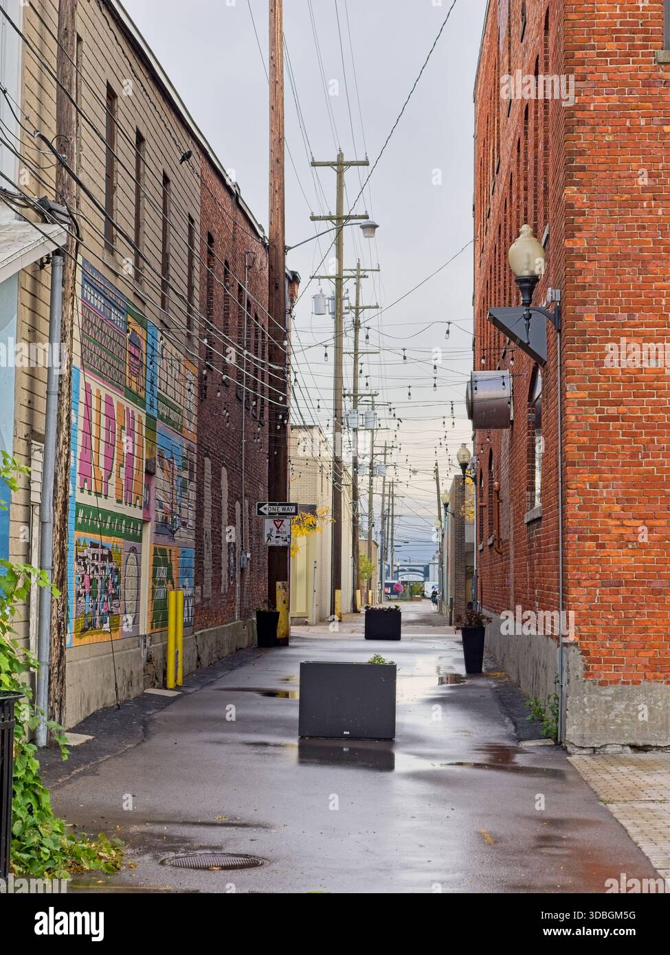 Alleyway between old brick building after rain showers in Alpena Michigan Stock Photo
