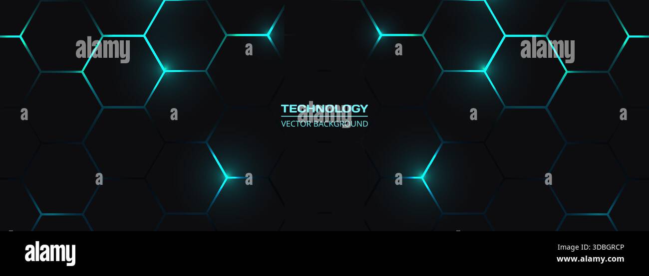 Dark hexagon abstract technology background with blue colored bright ...