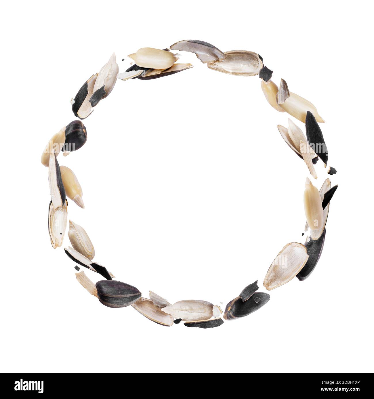 Crushed sunflower seeds in a circular motion on white background Stock Photo