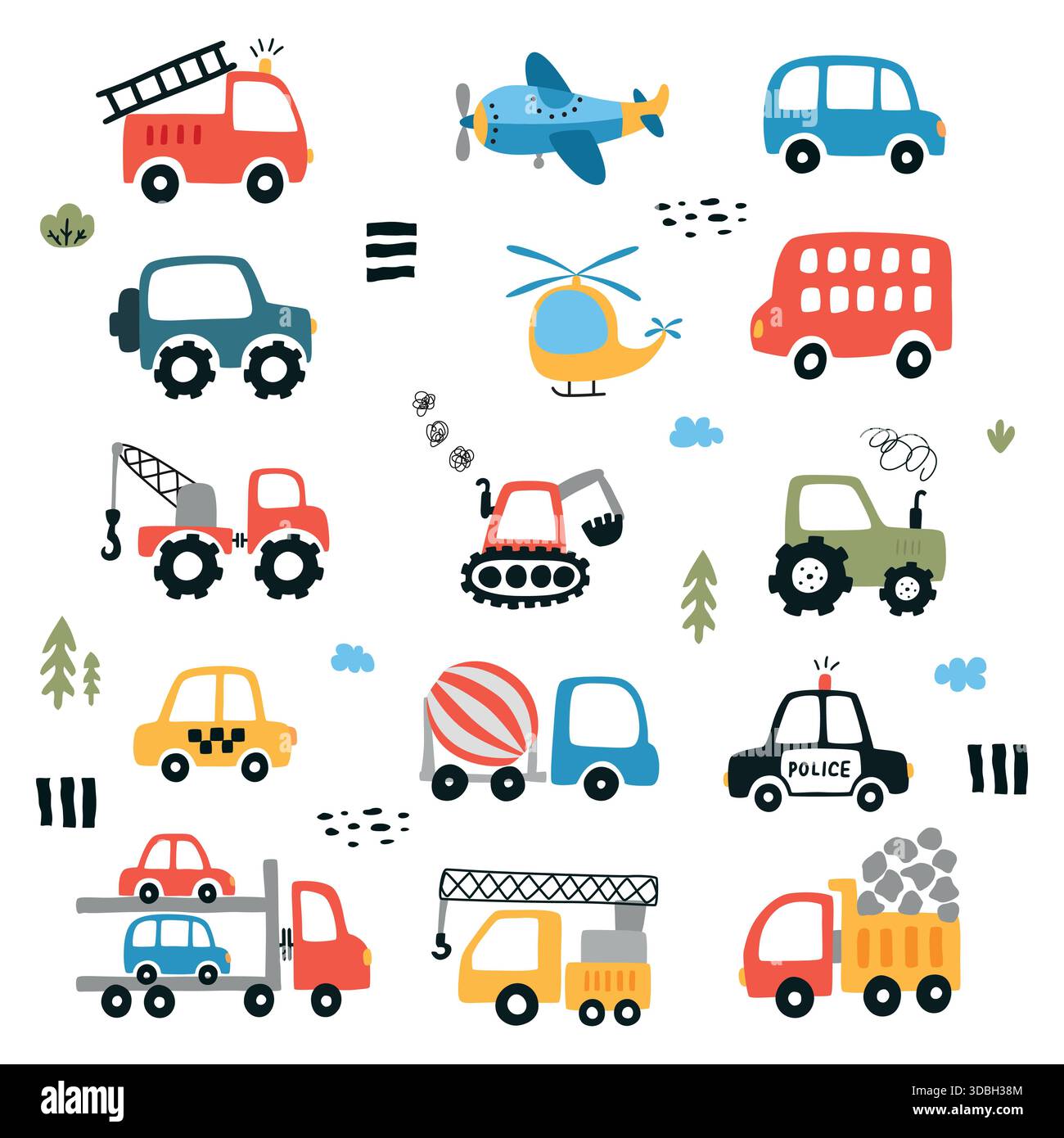 Set of different cute transport in flat style. Cartoon simple cars in scandinavian style. Cargo cars vector collection isolated on white background. Stock Vector