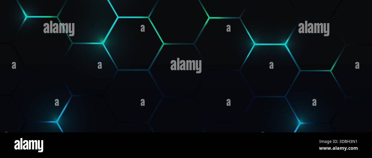 Dark hexagonal abstract technology background with blue and green ...