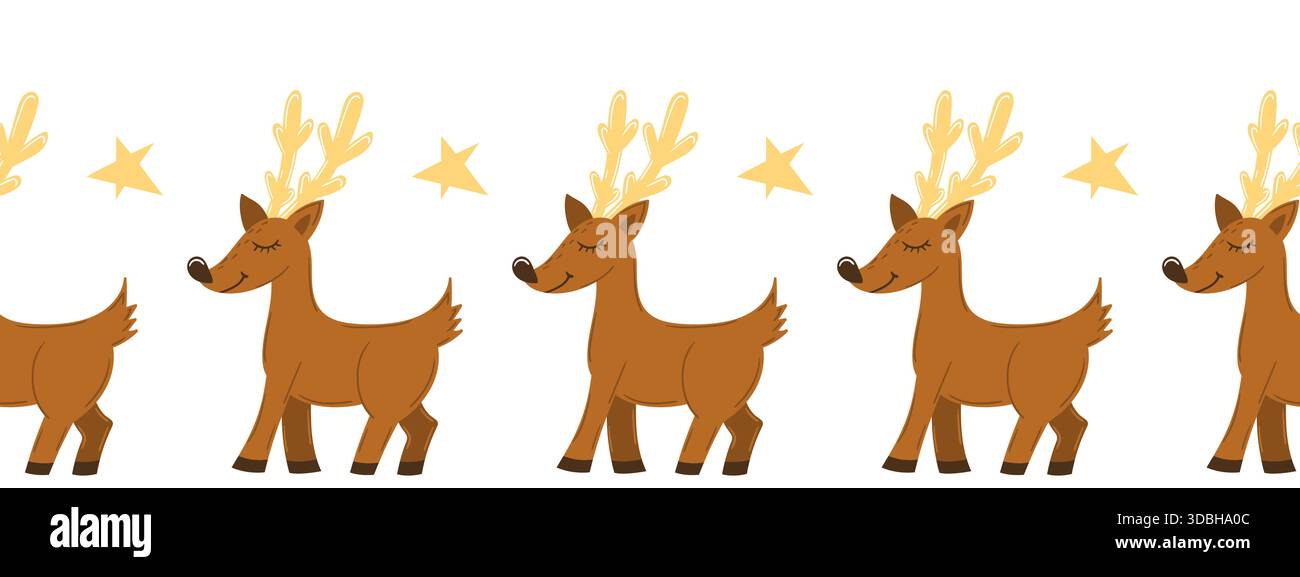Christmas flat seamless border with deer. New Year illustration. Vector design for paper, cover, fabric, interior decor, and other uses Stock Vector