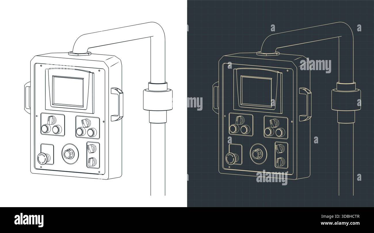CNC machine control panel isometric drawings stylized vector ...