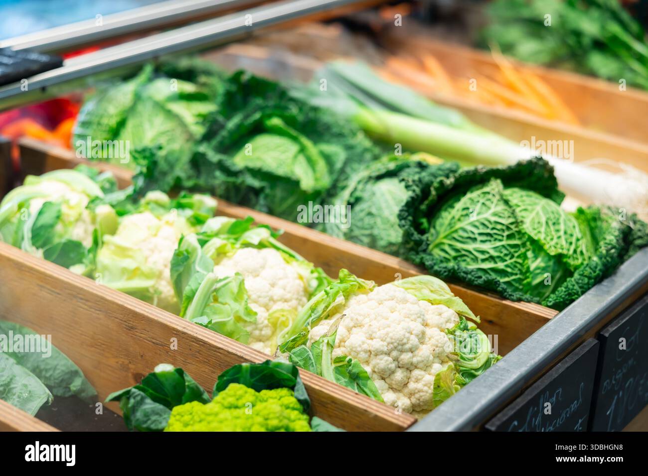 Different varieties of cabbage are laid out in separate containers on ...