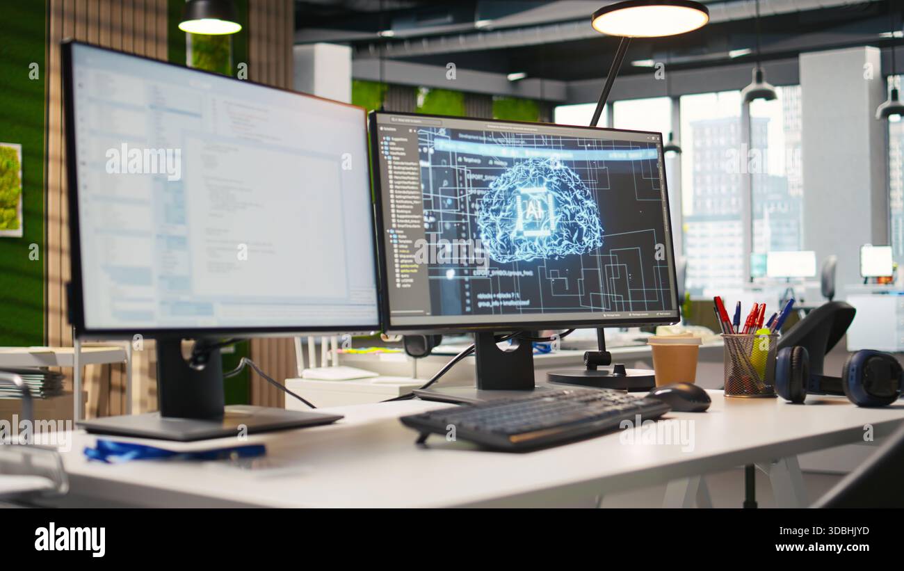 PC in empty IT startup office displaying artificial intelligence programming languages used for building applications. Computer showing machine learning code in software development agency Stock Photo