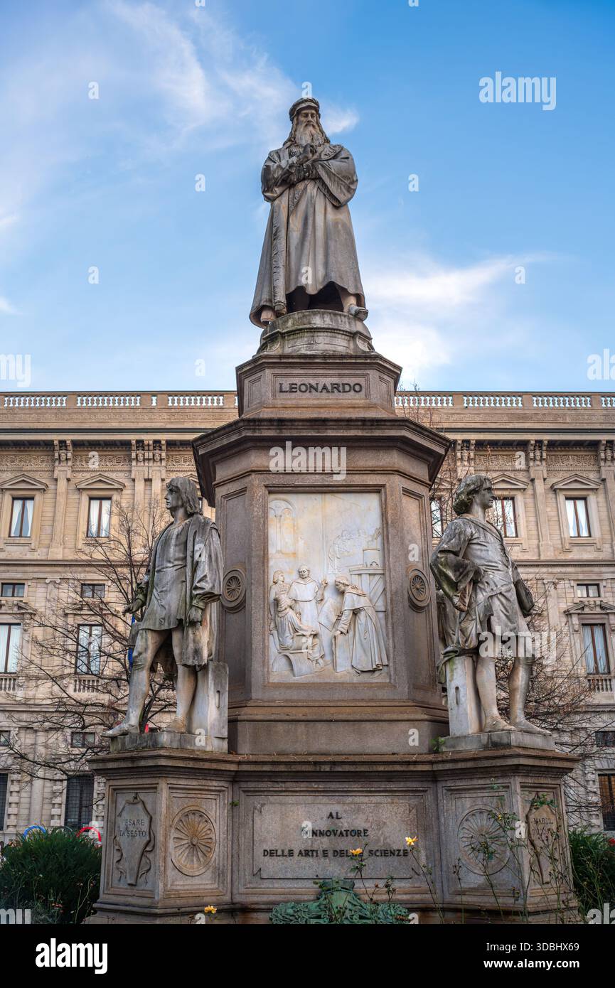 Milan, Italy - December 9, 2025: A tall statue of a historical figure ...