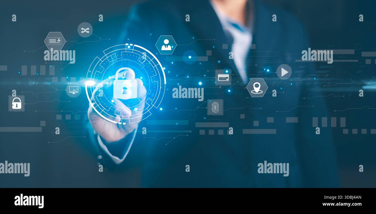 Businessman interacting with digital security interface showing lock icon, secure access, data protection cybersecurity technology, representing digit Stock Photo