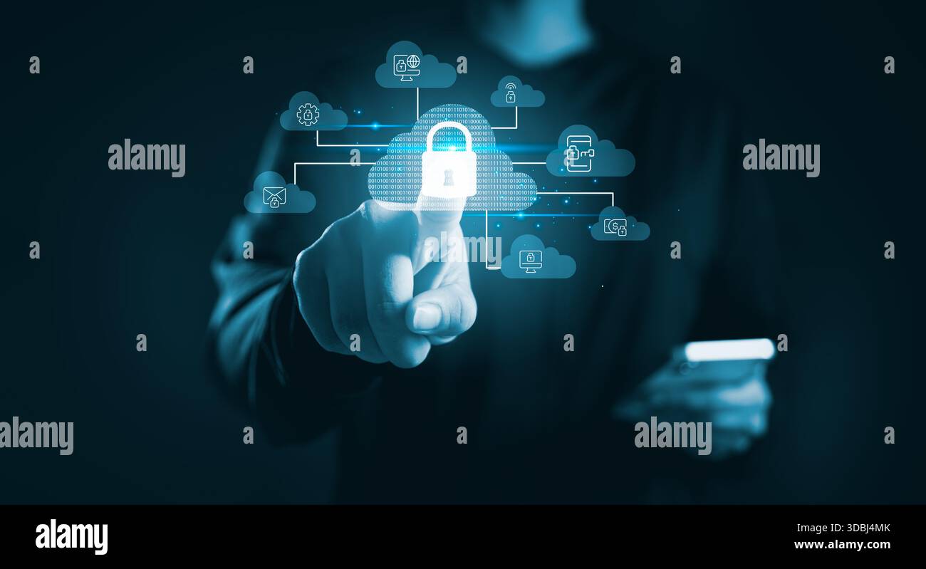 Hand touching cloud security interface lock icon represents cloud computing protection, data encryption secure network, cybersecurity solutions modern Stock Photo