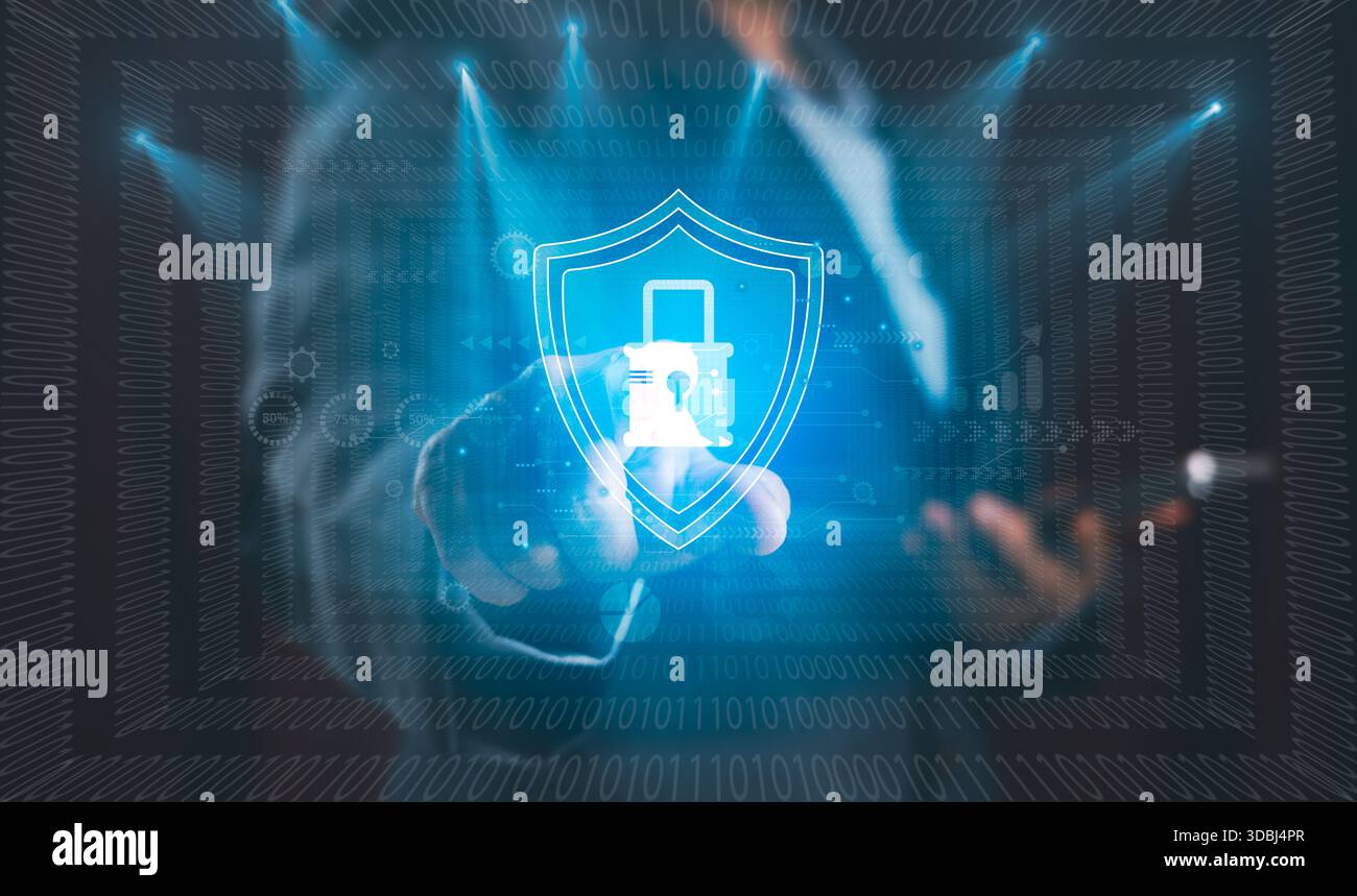 Digital shield with lock icon over binary code background represents cybersecurity, data protection, secure system, information privacy advanced techn Stock Photo