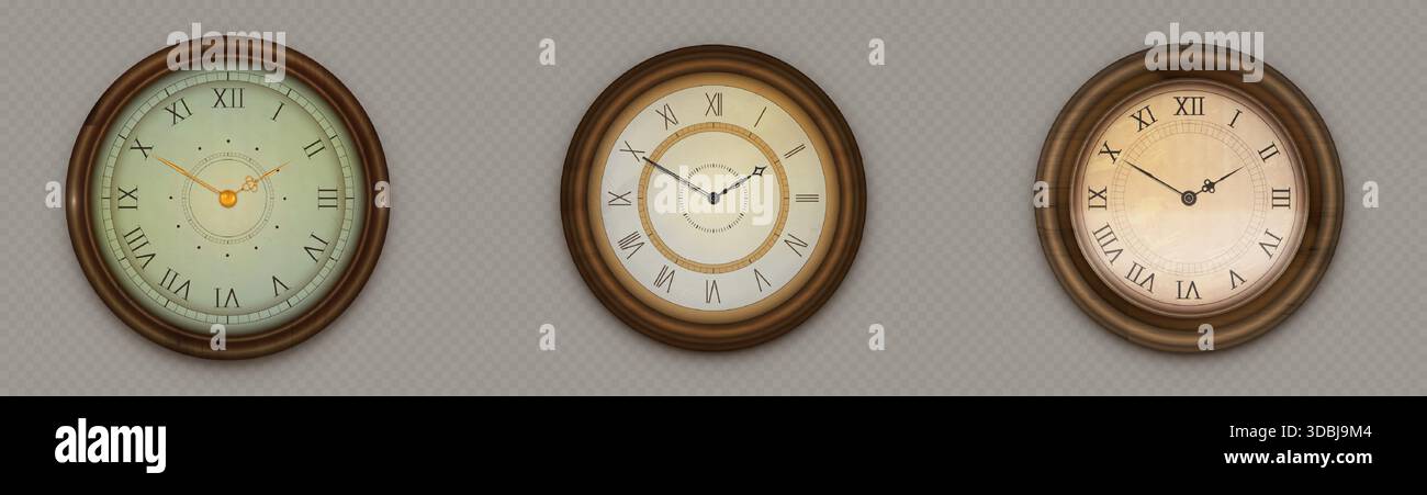 Vintage clocks set with roman numbers, elegant classic hands showing ...
