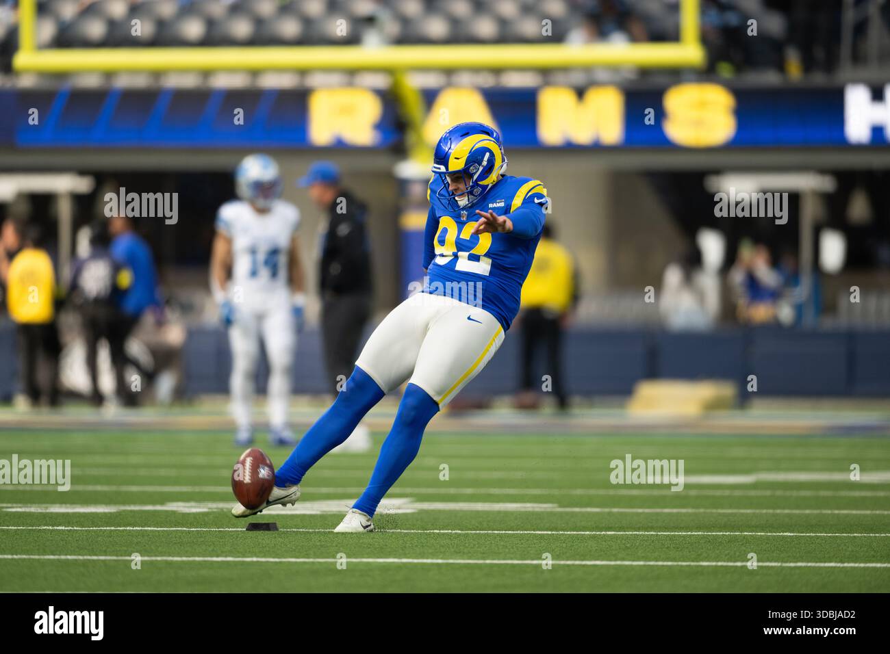 Meavis Rams Los Angeles Rams place kicker Harrison Mevis (92) kicks before an NFL ...