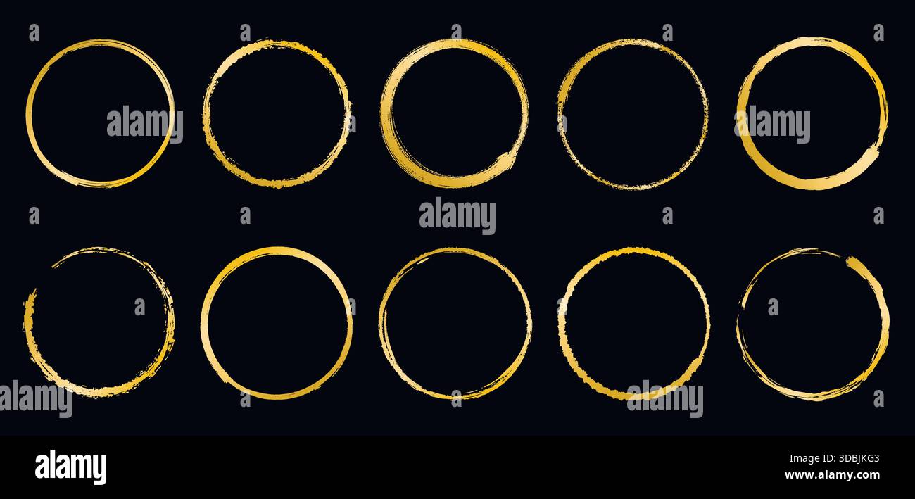 Brush drawn golden round frames. Circular textured imperfect shapes for design. Empty spheres and ellipses, client art. Vector graphics Stock Vector