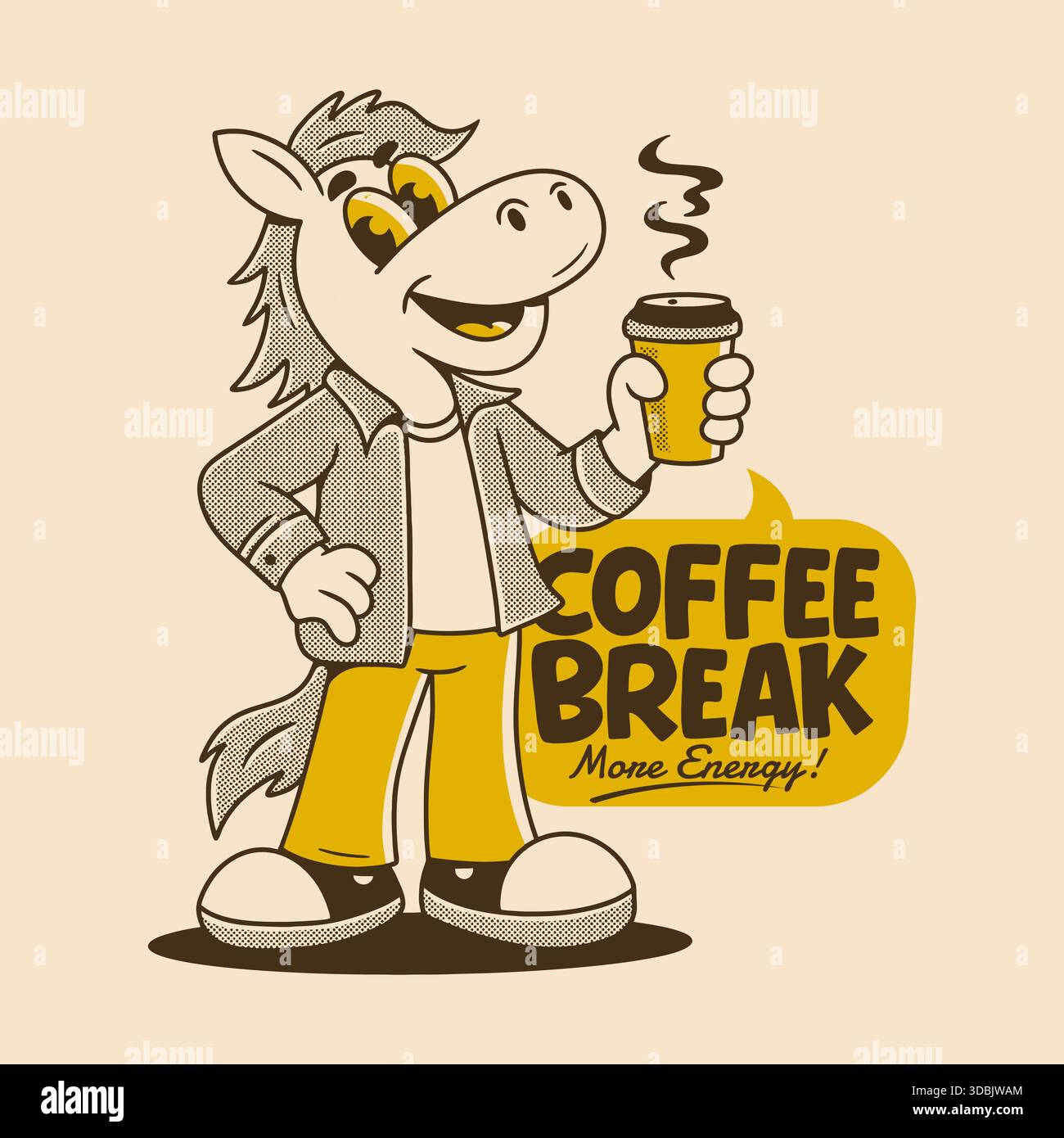 Cartoon horse character enjoying a coffee break with a cup in hand, wearing casual clothes, with text Coffee Break More Energy! in a speech bubble. - Stock Image