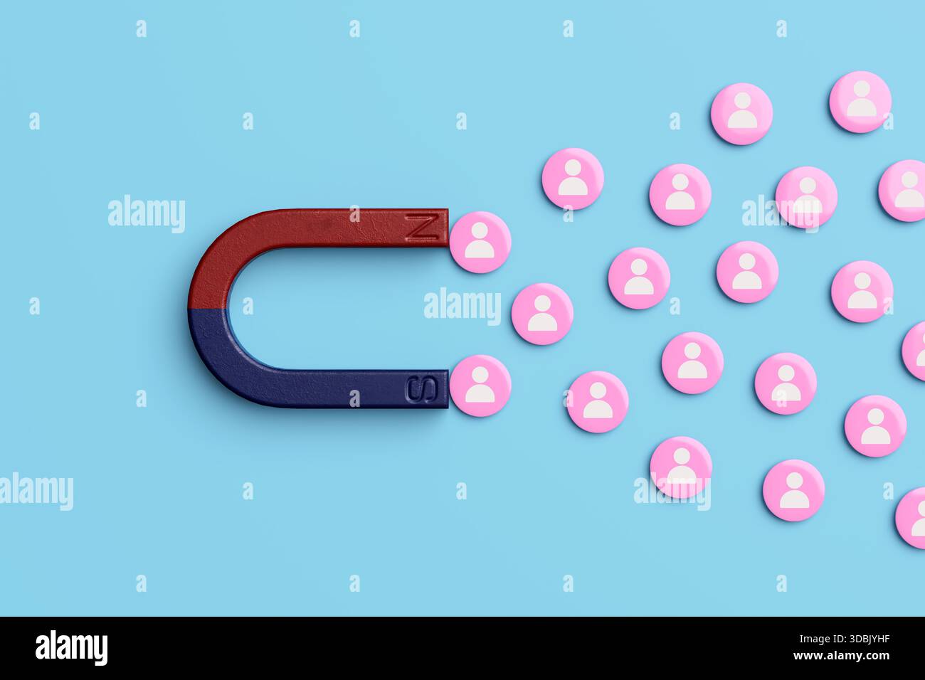 Customer Relationship Management and attracting clients concept with horseshoe magnet attracting followers. Stock Photo