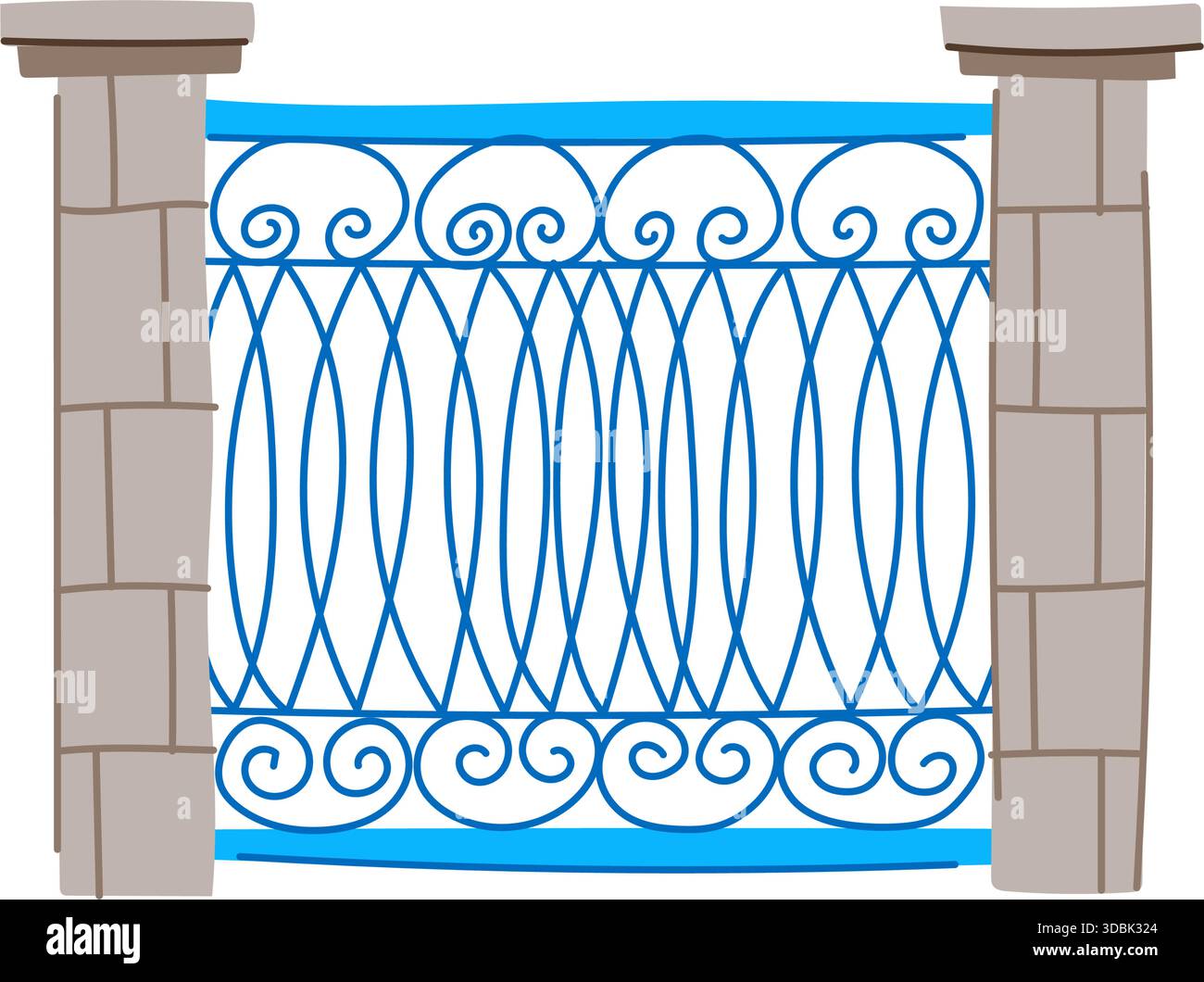 Blue decorative metal fence panel with stone pillars Stock Vector
