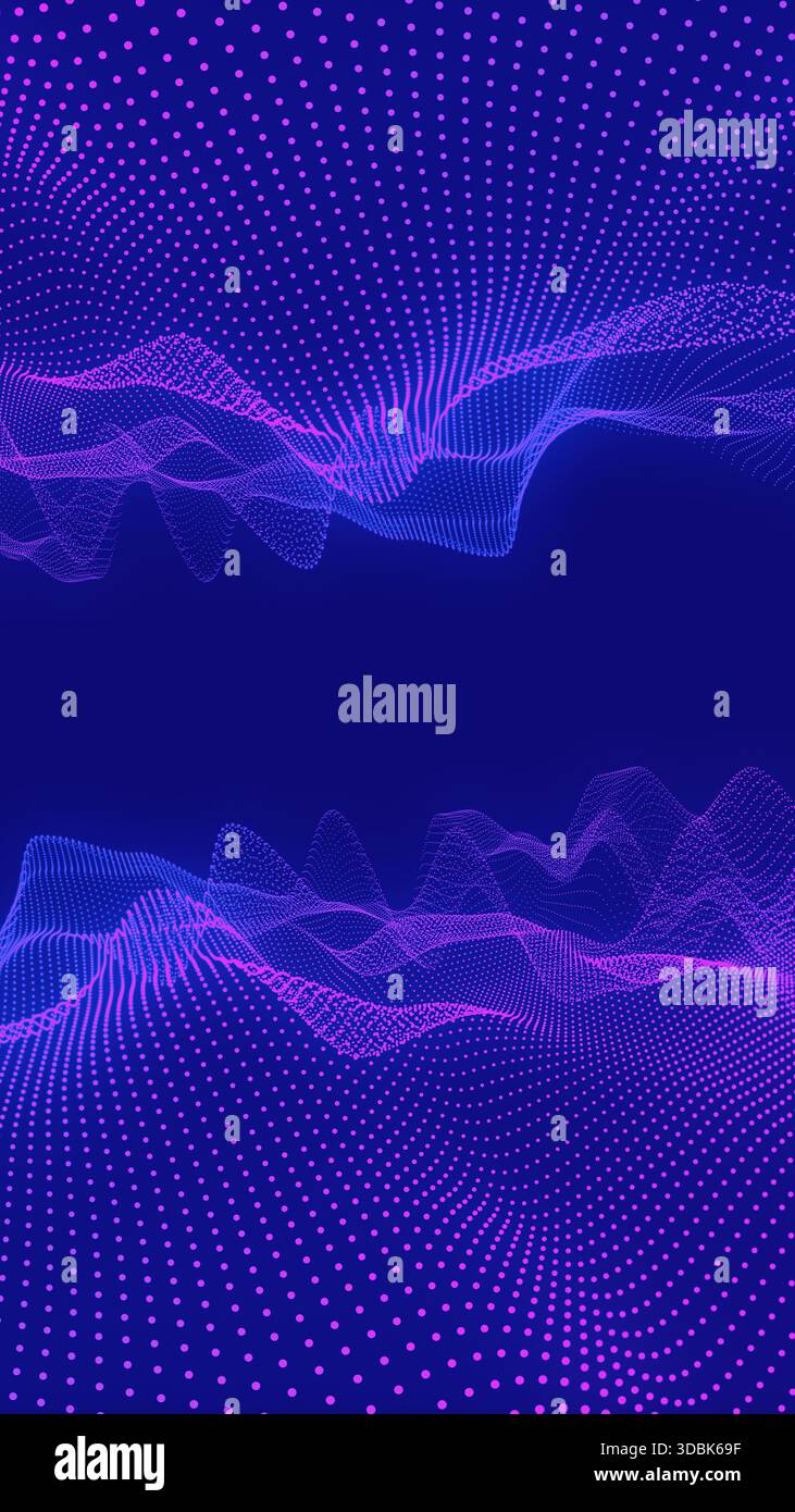 Glowing dots forming dynamic digital waves, representing abstract data flow and interconnected technology on dark blue background Stock Photo