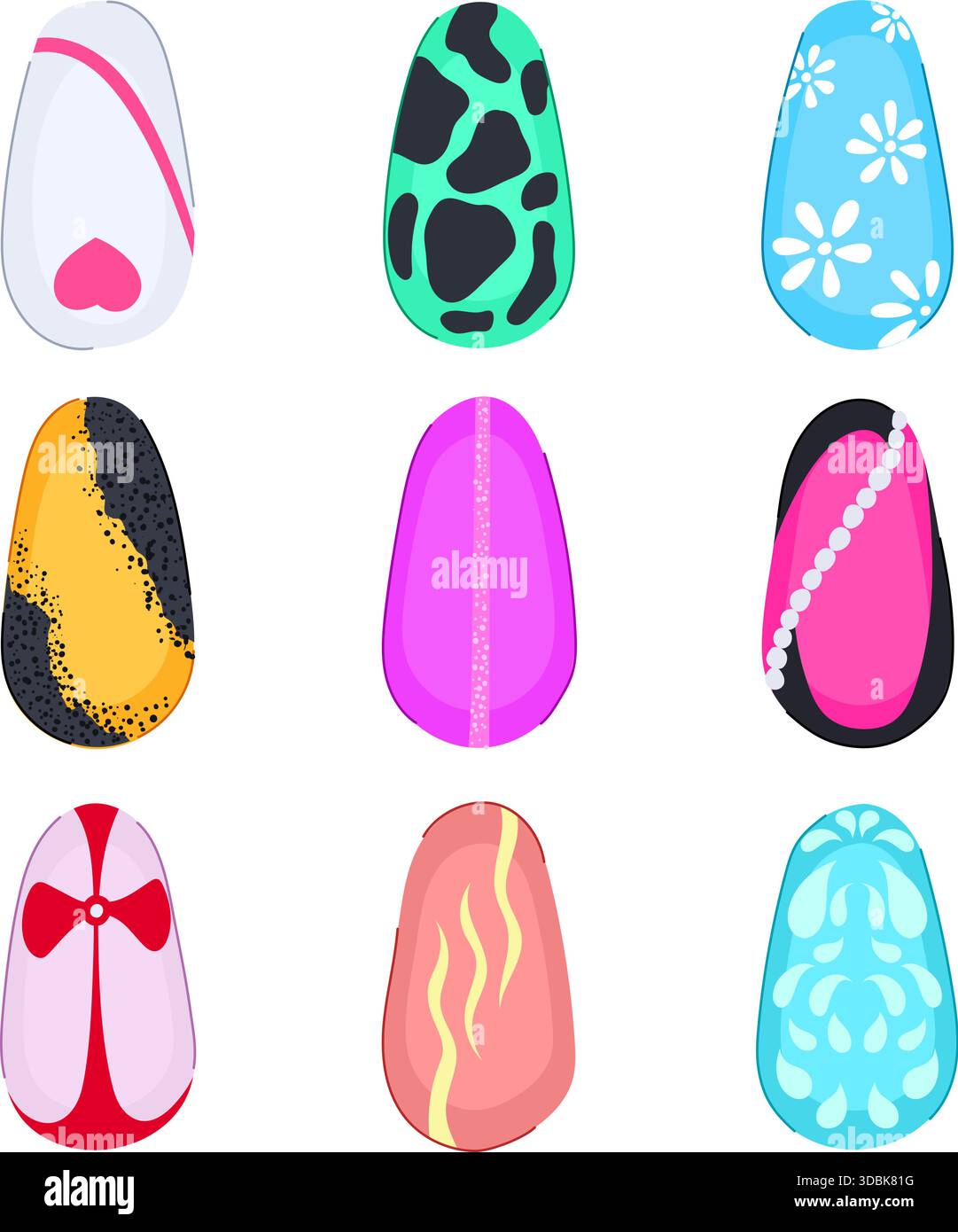 False nails displaying diverse colorful nail art designs Stock Vector
