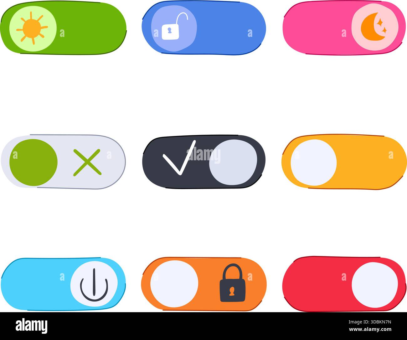 Hand drawing user interface toggle switches with various icons Stock Vector