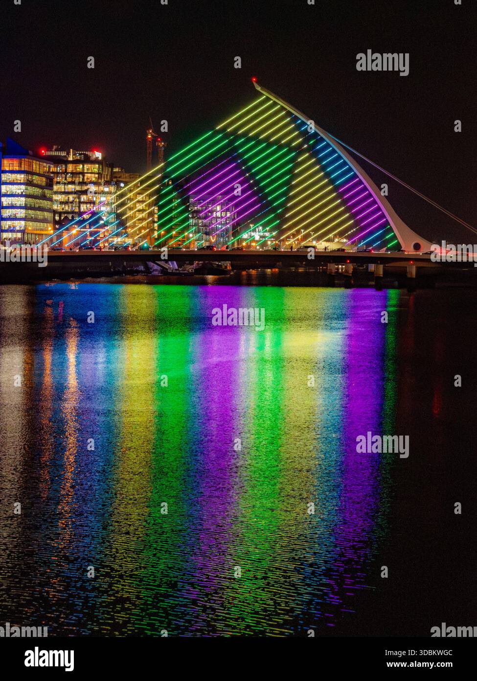 Winter lights on the Samuel Beckett Bridge in Dublin City Stock Photo ...