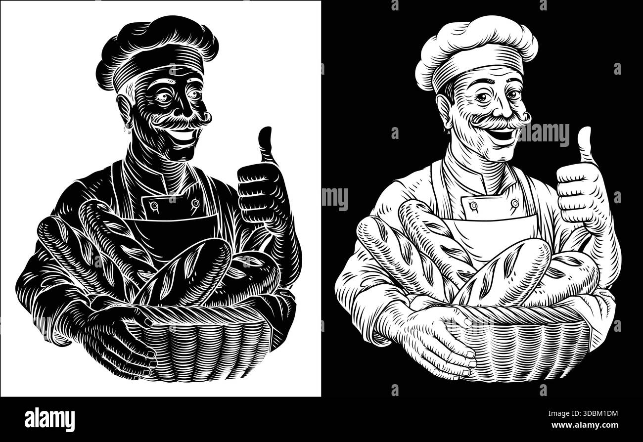 Chef Baker Bread Loaves Basket Bakery Illustration Stock Vector