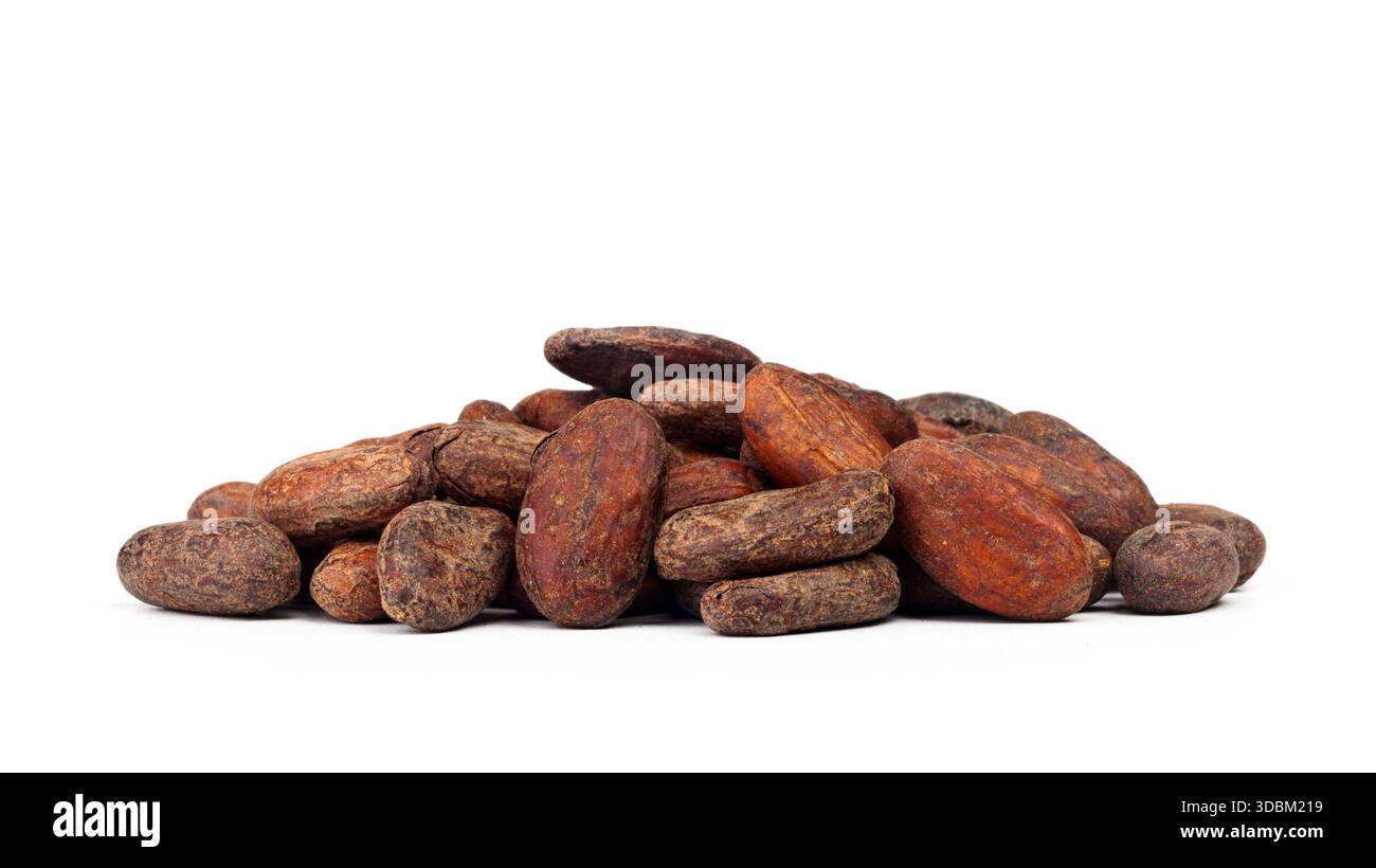 Raw cocoa beans isolated on white background Stock Photo