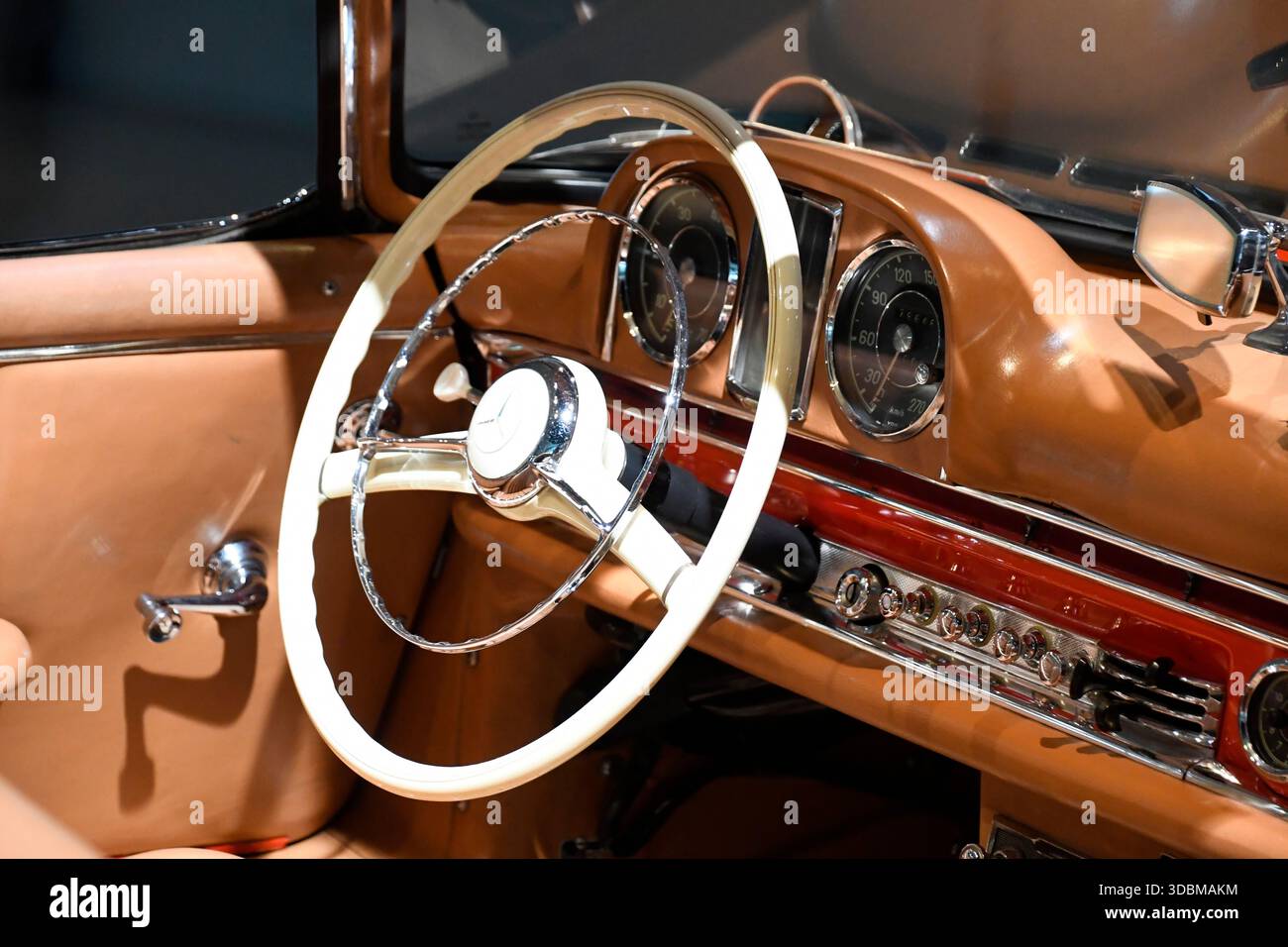 Mercedes benz 300 sl classic car interior with steering wheel and ...