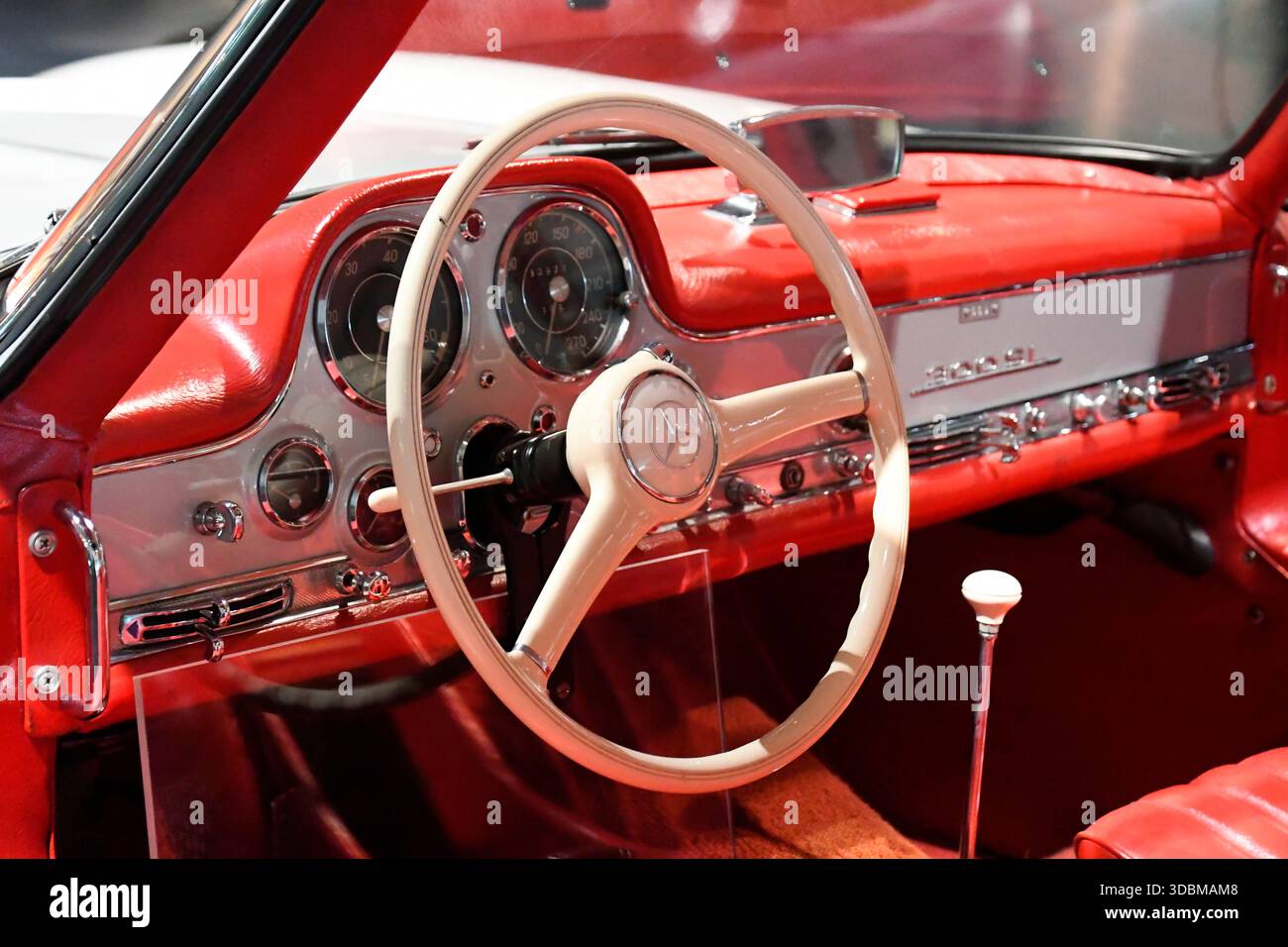 Mercedes benz 300 sl classic car interior with steering wheel and ...