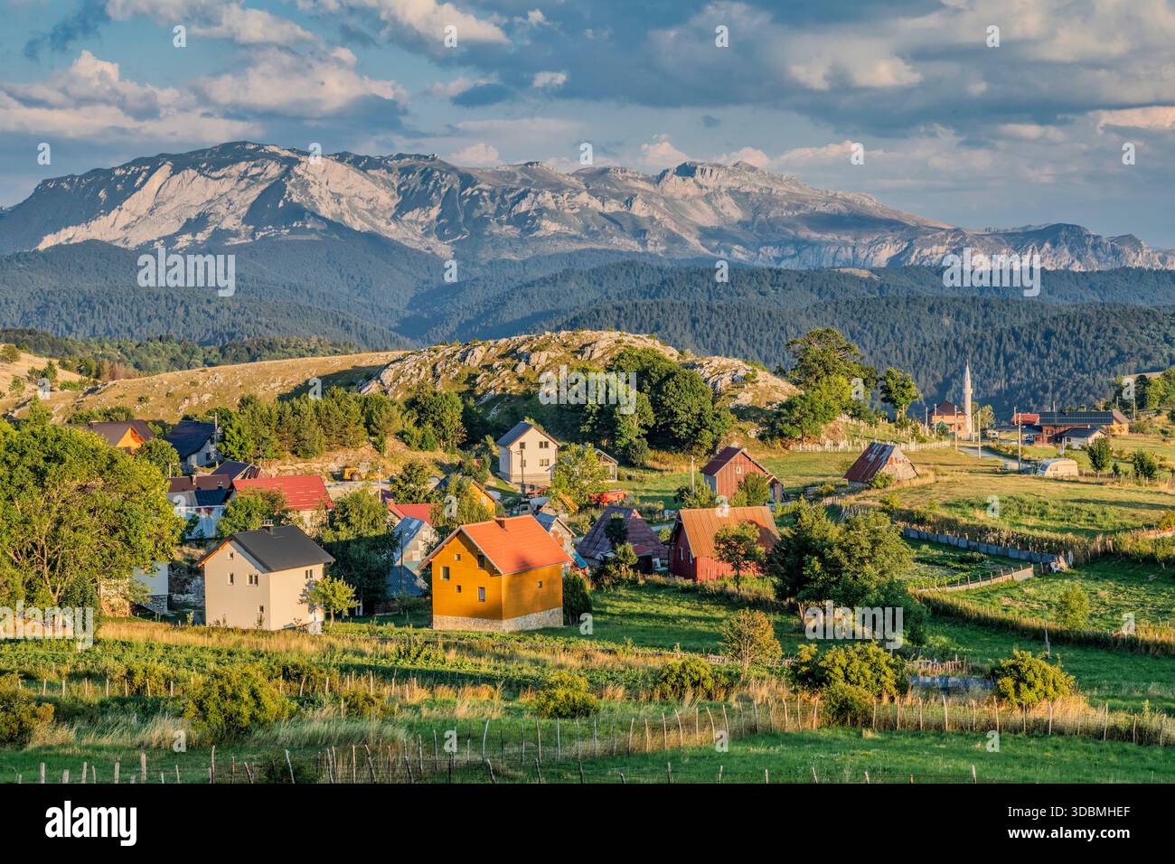 The traditional rural village of Brda on the slopes of Mount Bjelasnica, surrounded by hills and forests, Brda, Sarajevo Canton, Bosnia and Herzegovina Stock Photo