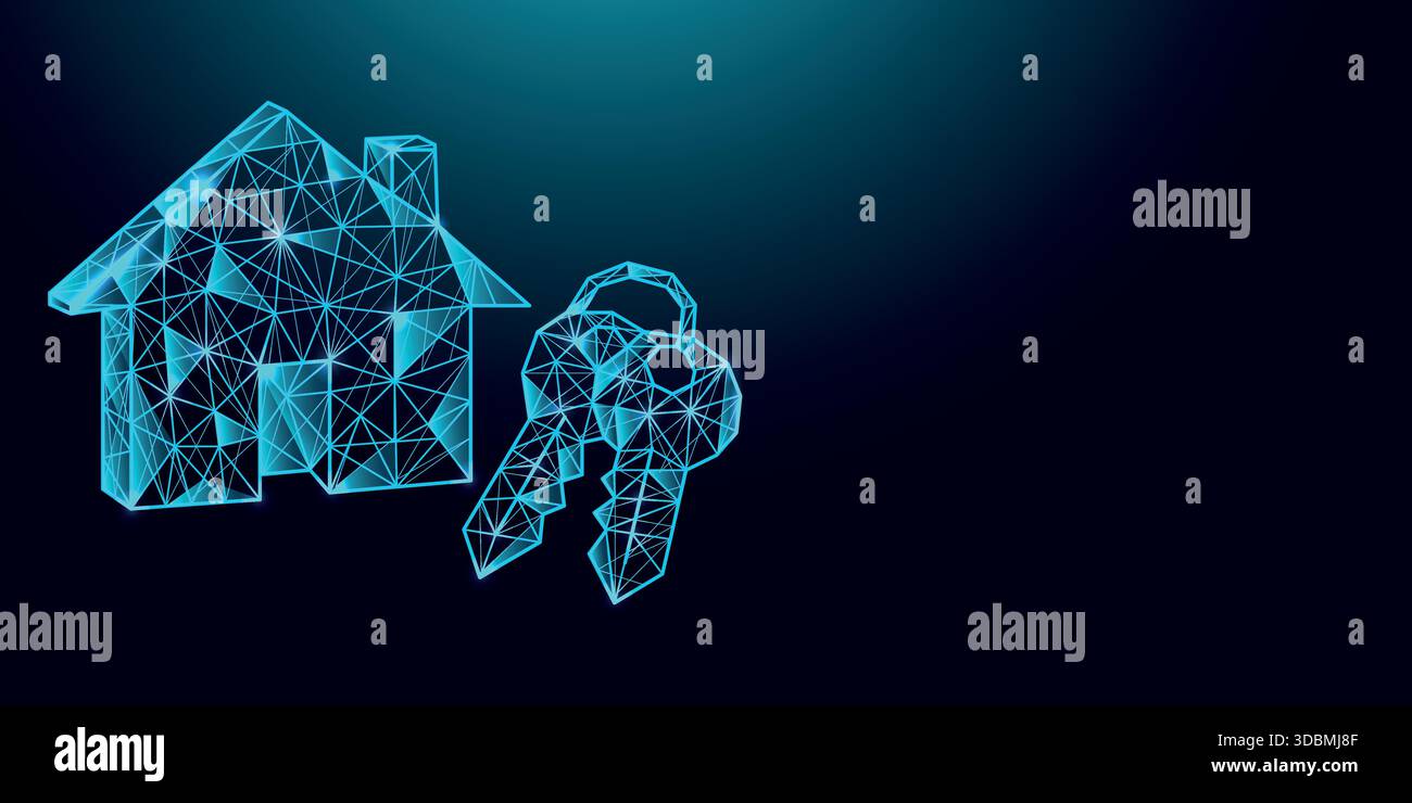 Low poly wireframe house with keys on dark blue background. Stock Vector