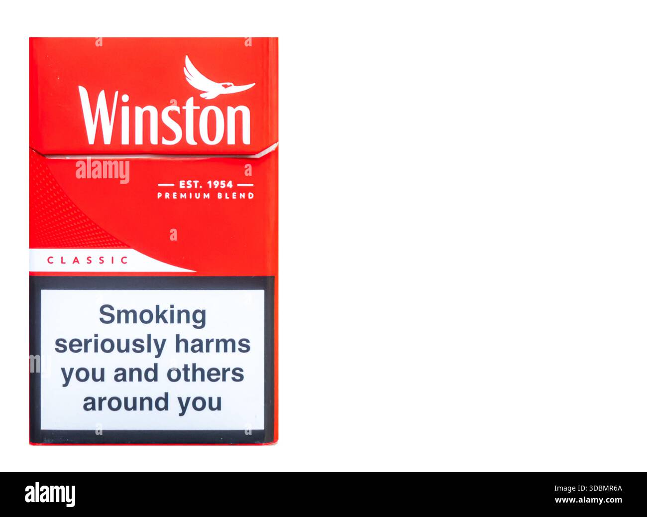 classic cigarette red Pack of Winston Classic Red Cigarette, Warning message Stock Photo