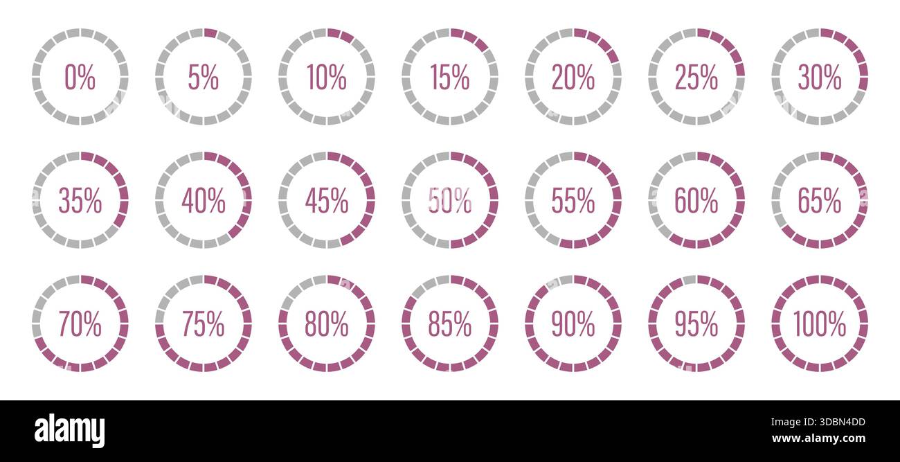 Pink progress bars. Template of pink and gray color fill pie charts ...