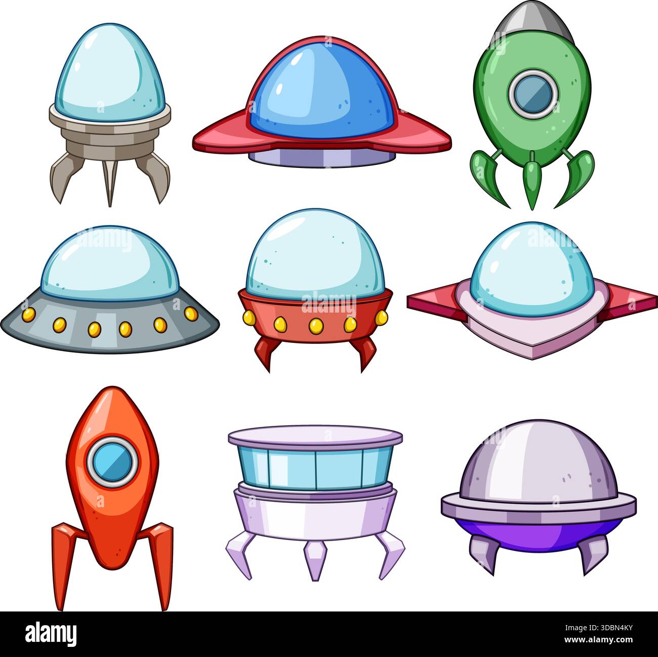Cartoon alien spaceships flying saucers vector illustration set Stock ...