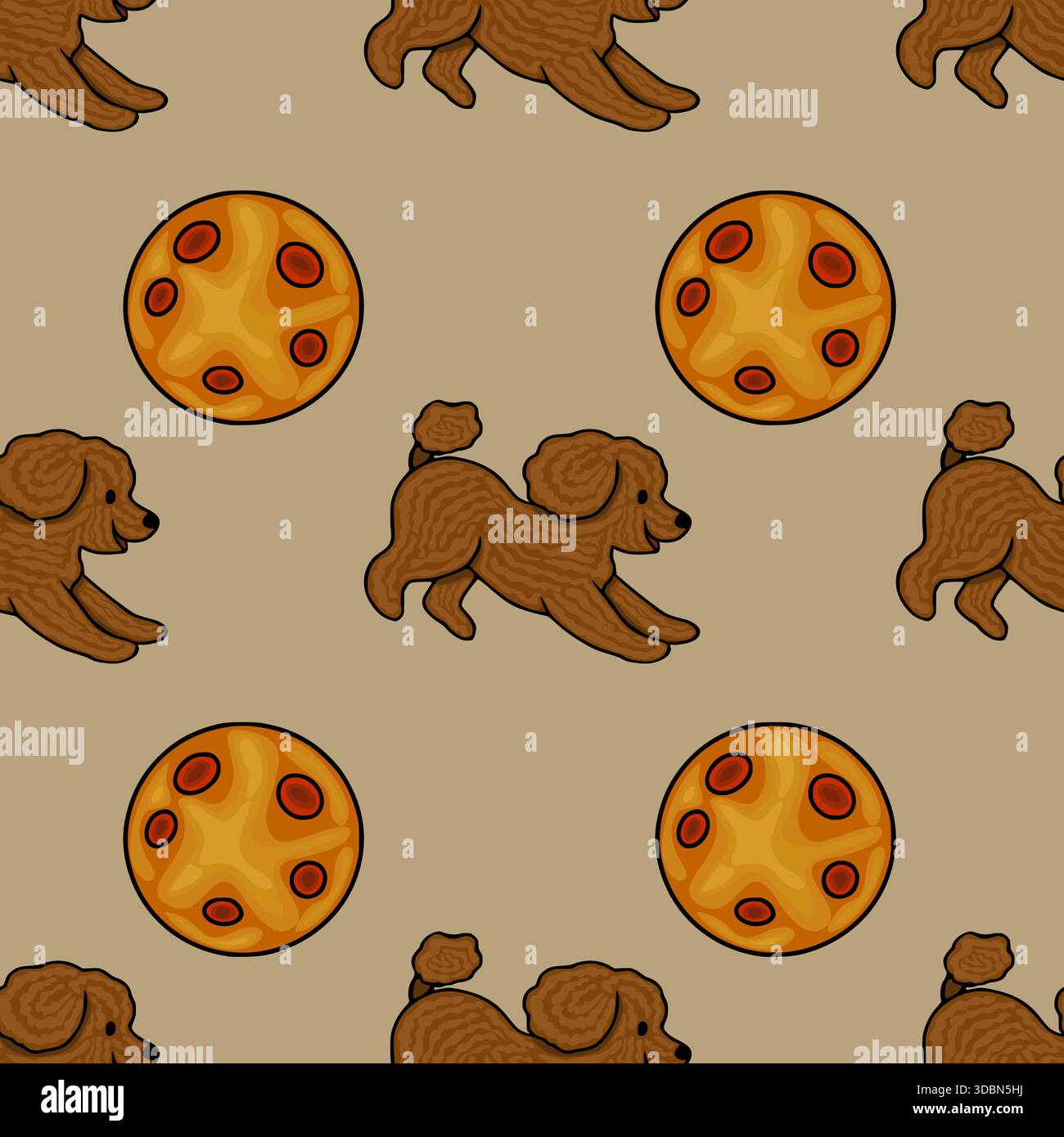 Whimsical vector pattern featuring playful brown poodles in mid-leap and stylized orange celestial bodies, set against a muted beige background. Stock Vector