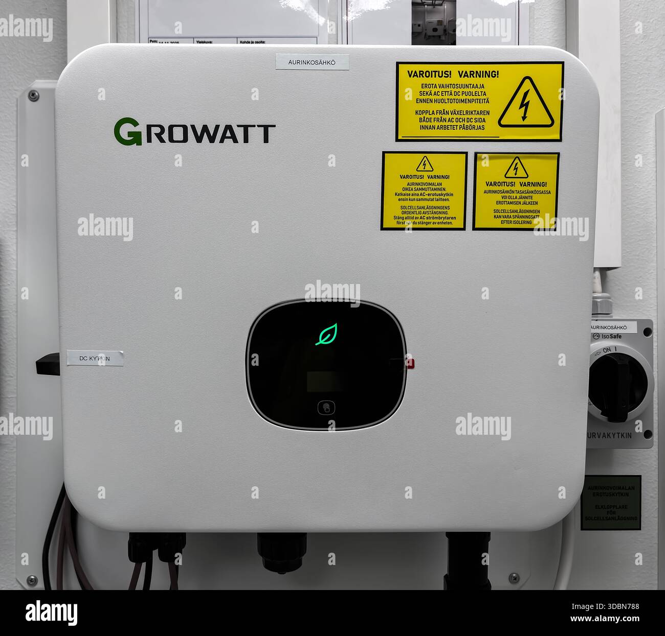 A Growatt photovoltaic inverter in use in a residential building in Finland. Stock Photo