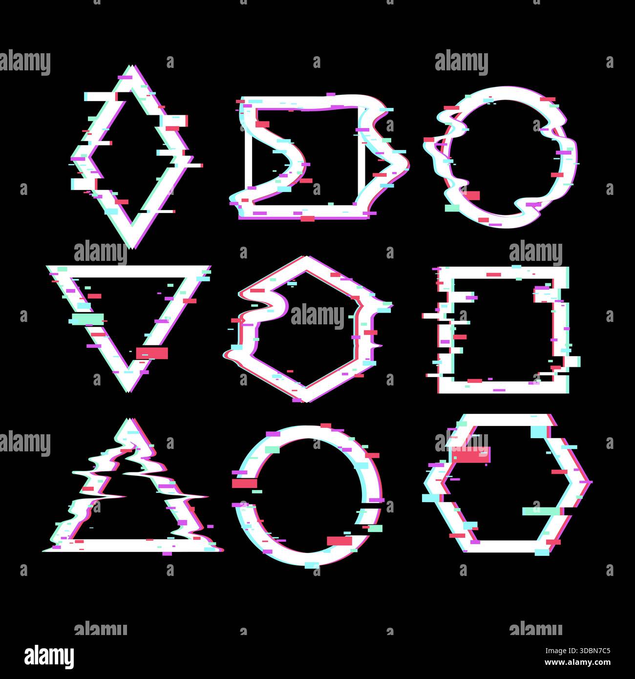 Glitch art frames displaying retro digital distortion effect Stock Vector