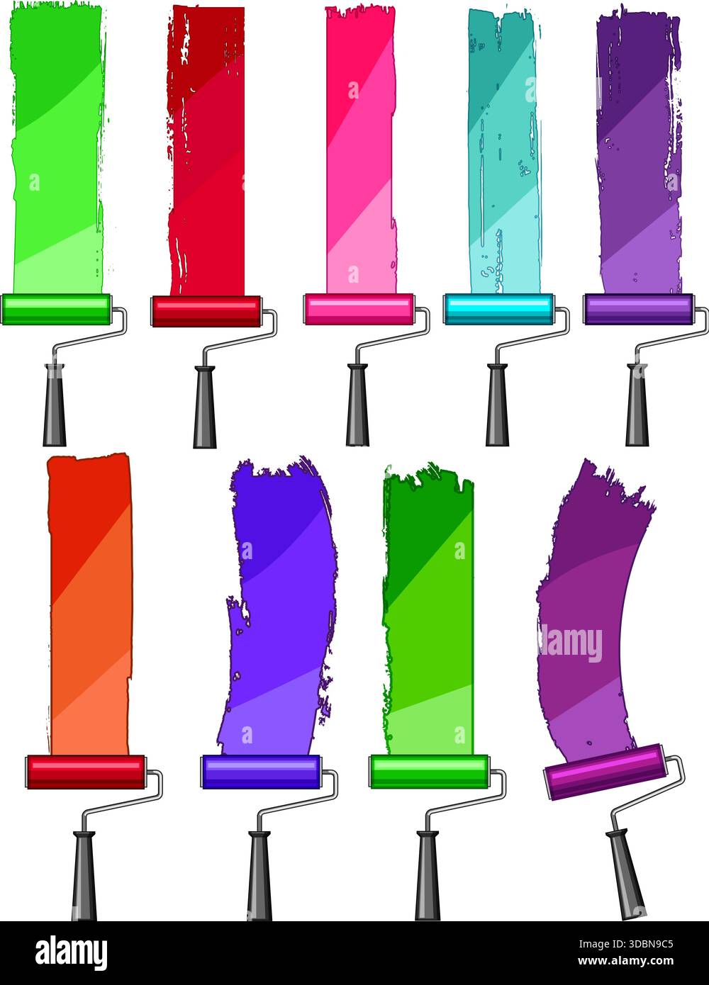 Paint rollers applying colorful strokes on white background Stock Vector