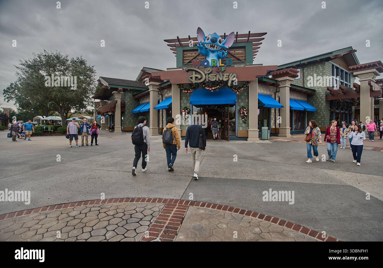 Orlando, Florida,USA-December 9 2025:Disney Springs an entertainment complex at Walt Disney World Resort. Afternoon shot showing World of Disney store Stock Photo