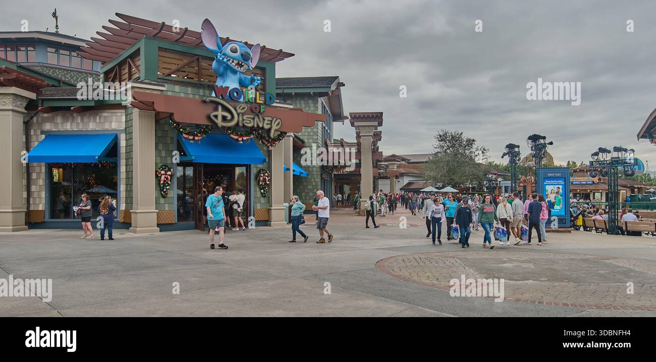 Orlando, Florida,USA-December 9 2025:Disney Springs an entertainment complex at Walt Disney World Resort. Afternoon shot showing World of Disney store Stock Photo