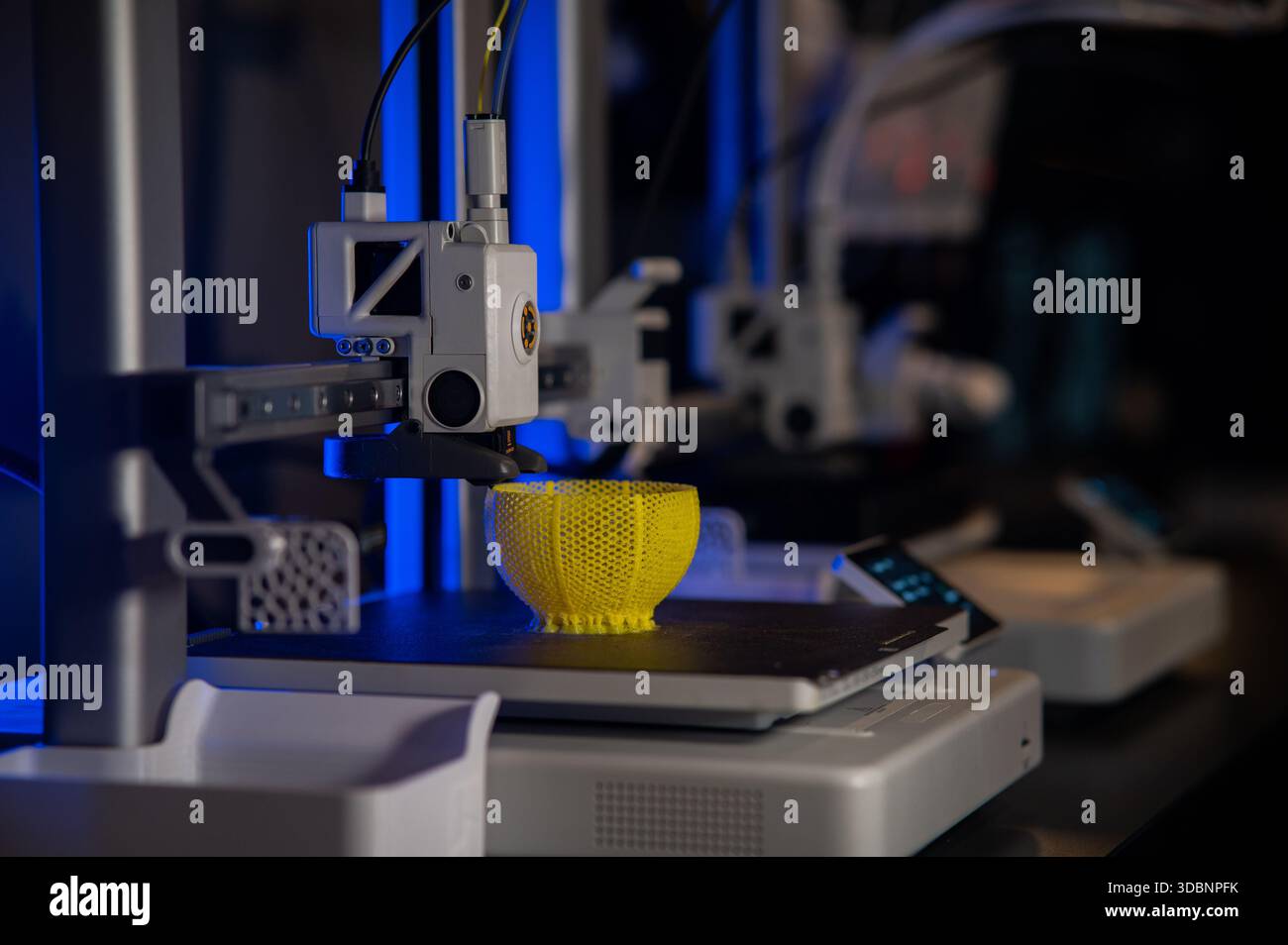 3D printer. Blank Empty 3D printer. 3D printer not working. Blank clean 3D printer desktop without printing process. Stock Photo