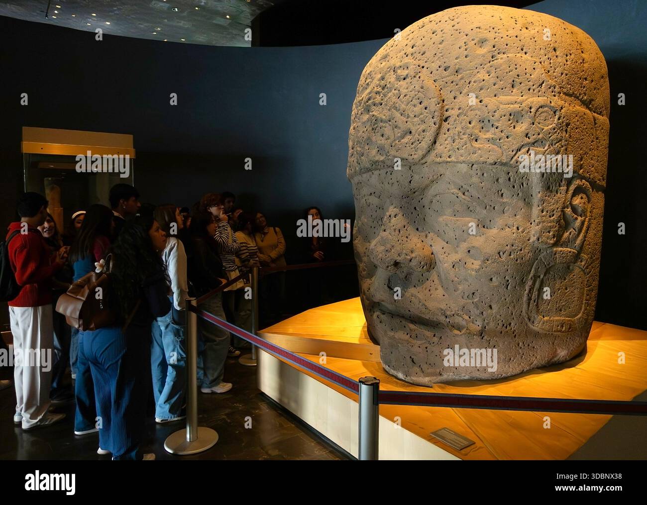 Tour group looks at giant Olmec head in the Museum of Anthropology, Mexico City, Mexico Stock Photo