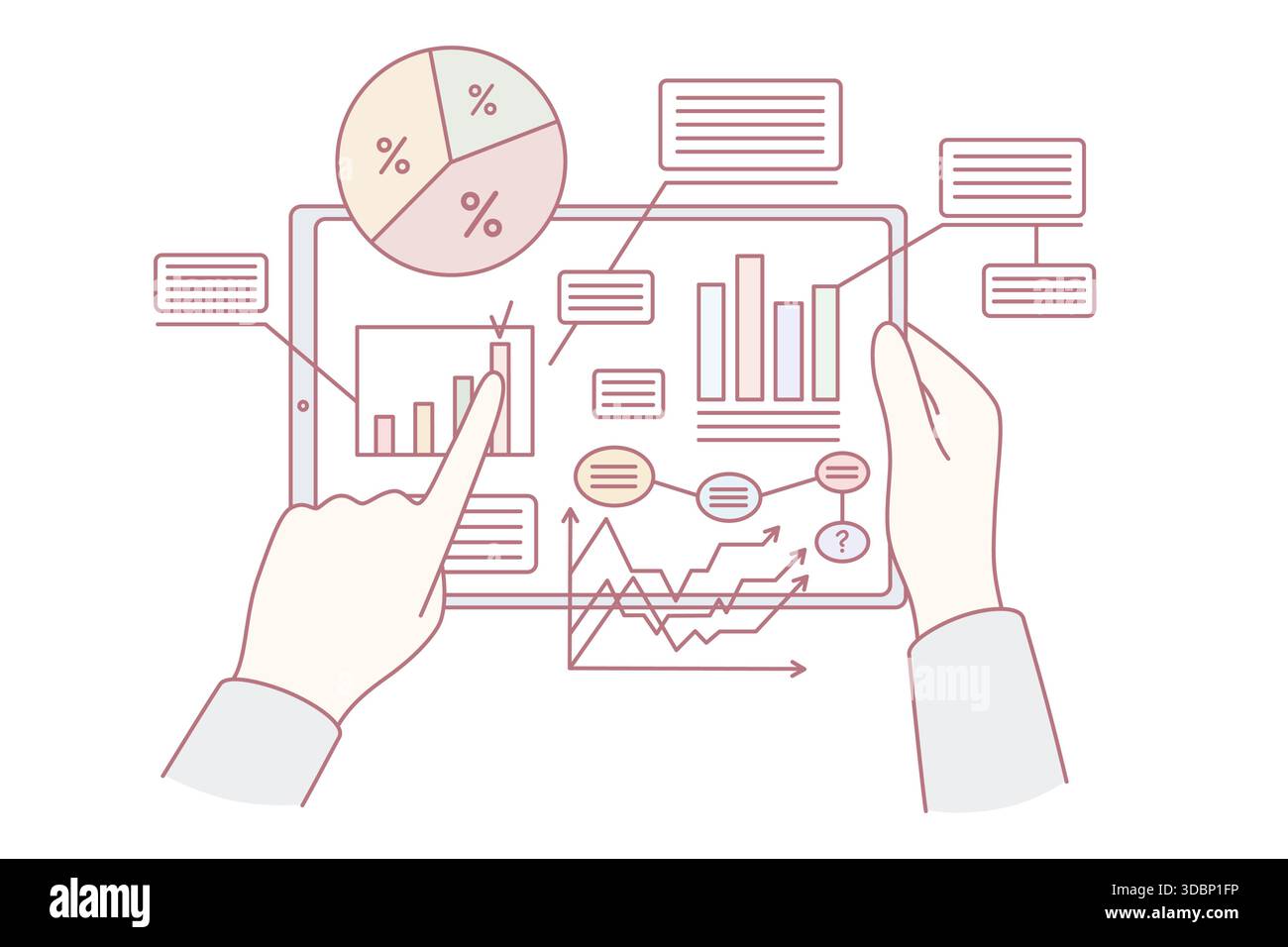 Business data and statistics concept. Human hands holding tablet with development statistics metadata on screen vector illustration Stock Vector