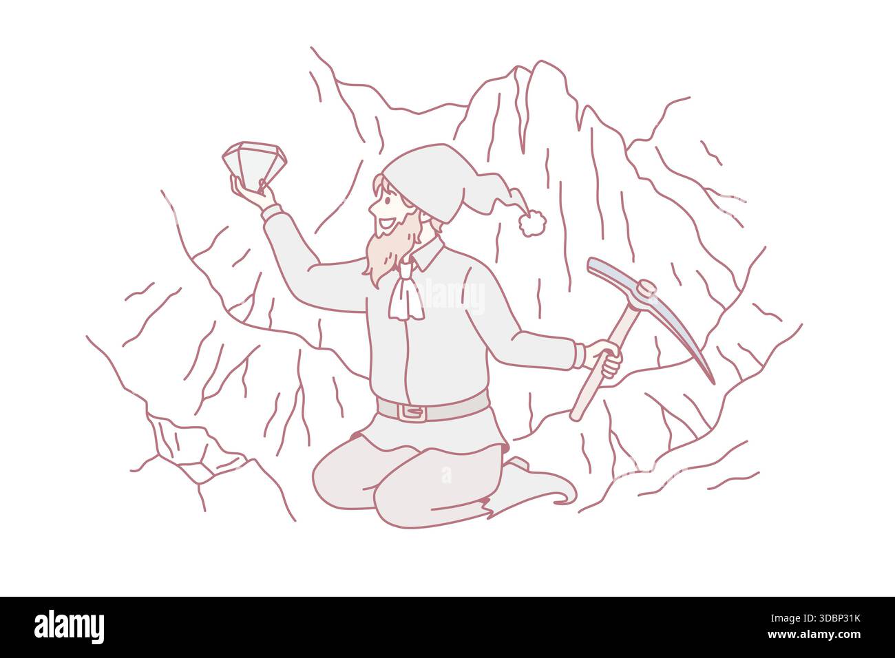 Mining diamonds and precious stones concept. Small smiling troll sitting with hammer holding huge blue diamond in hands vector illustration Stock Vector