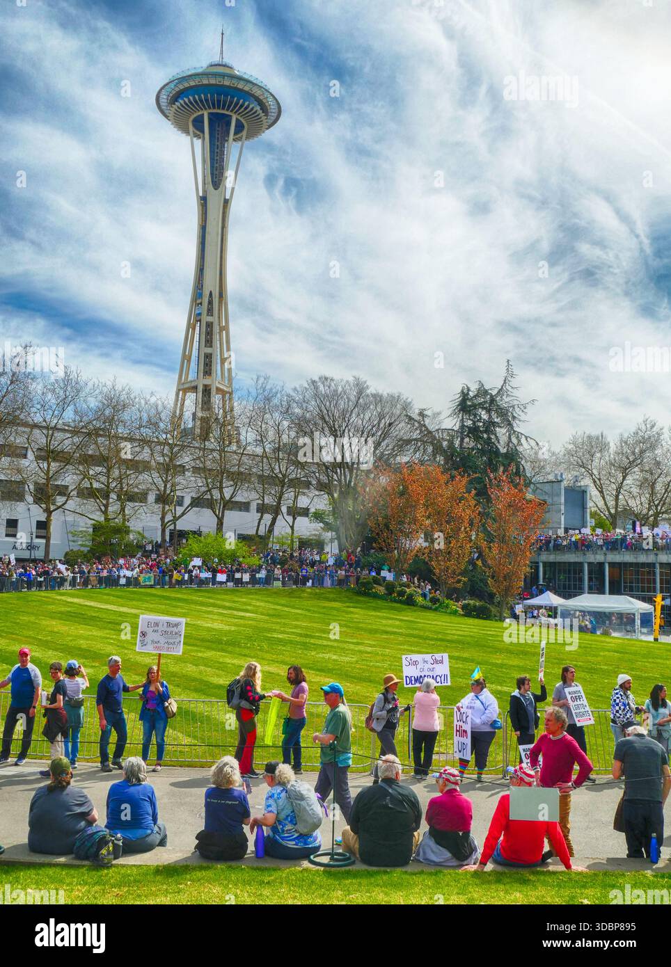 SEATTLE - APR 5, 2024 - Hands-Off anti- trump rally -- Demonstrating protesters gathering near Space Needle, voicing social concerns in downtown Seatt Stock Photo